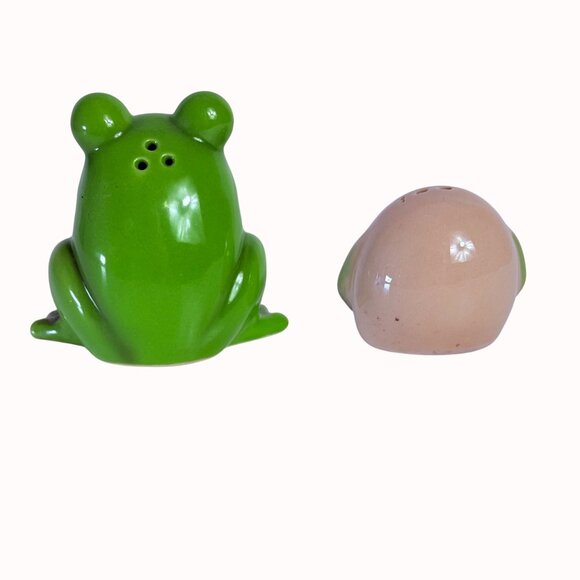 Frog Salt Pepper Shakers Stoneware Kitschy Retro Novelty Kitchen Decor Green - Picture 3 of 13